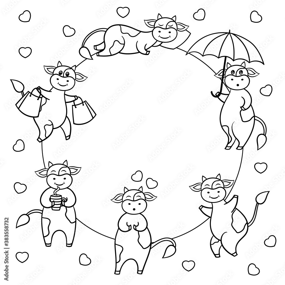 Poster vector frame with funny cow, coloring page