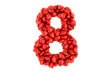 Fototapeta premium Number 8 from red hearts, 3D rendering