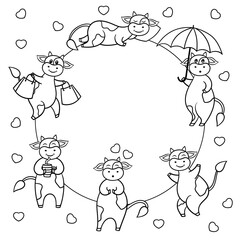 Vector frame with funny cow, coloring page