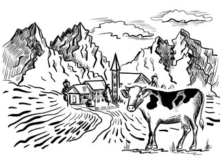 Cow graze on meadow hand drawn illustration. Mountains and barn landscape black and white picture witn cow. Vector illustration sketch.