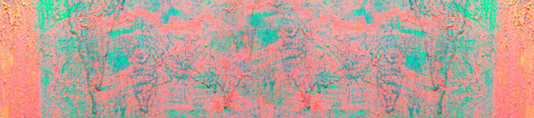 Panoramic background red and green spots on cracked stucco.