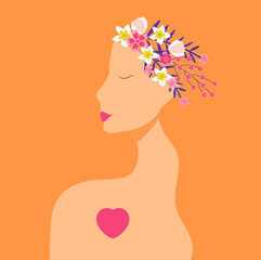 Silhouette girl profile concept vector. Woman with red hair, tropical flowers and little heart. Love yourself illustration. Valentine or woman's day invitation poster