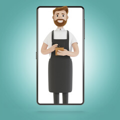 Waiter at the smartphone screen. Online delivery concept from restaurant. 3D illustration in cartoon style.