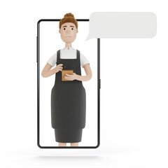 Waiter at the smartphone screen. Online delivery concept from restaurant. 3D illustration in cartoon style.