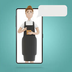 Waiter at the smartphone screen. Online delivery concept from restaurant. 3D illustration in cartoon style.