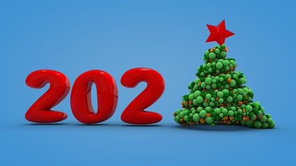 3D rendering of the new year's date 2021 on a blue background with a Christmas tree symbol instead of one. Christmas screensaver, abstract background image. Image for Christmas cards.
