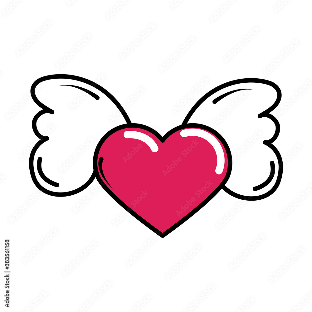 Sticker heart winged decoration pop art comic style, flat icon