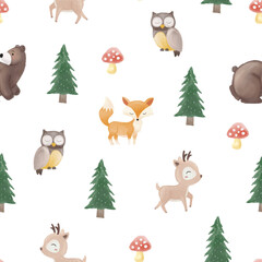 Fototapeta premium Seamless Pattern of cute animal in the woodland with watercolor style