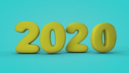 3D rendering of the 2020 date. Image in the style of motion design. Yellow 2020 on a blue background.