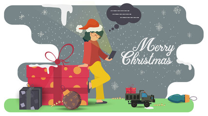 flat vector illustration for Christmas and new year design little people a girl in a Santa Claus hat takes a selfie on her phone near a big gift