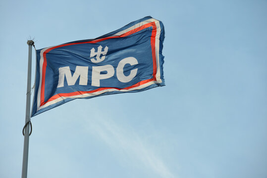 Hamburg / Germany - February 23, 2019: Flag with logo of MPC Capital AG in Hamburg, Germany - MPC is a global manager of real asset investments