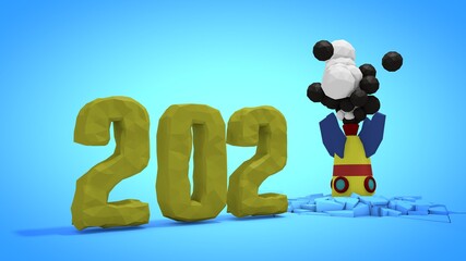 3D rendering of the new year's date 2021. Space rocket crashed instead of one. Illustration in a low-poly style. The idea of a difficult future for space exploration.