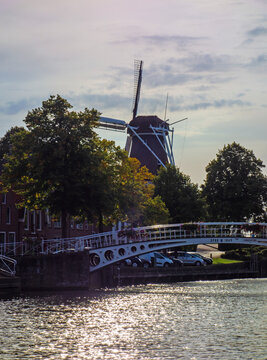 Scenery with tradional windmill in Drachten, Netherlands
