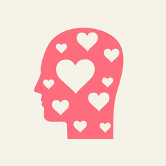 Pink silhouette of a human head in profile with hearts. Decorative vector banner, icon, logo or avatar. Love concept