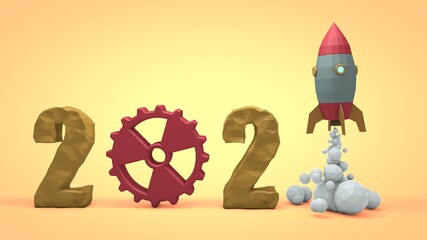3D rendering of the new year's date 2021. A gear with a radiation sign instead of zero. Space rocket at launch instead of one. Illustration in a low-poly style. The idea of a cosmic future.