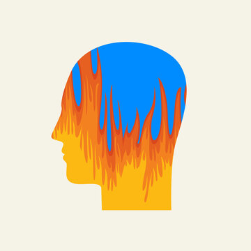recommend clip art: Silhouette of a human head in profile with a hot fire inside. Decorative vector banner, icon, logo, or avatar. Vector illustration of a burning head, anger, stress, crisis, panic, headache, irritation