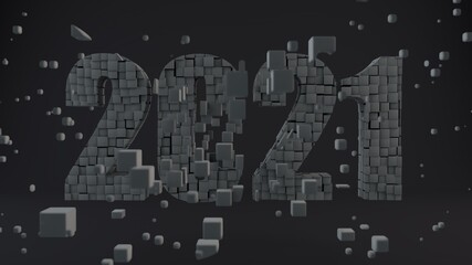 3D rendering of the date 2021. The text is formed by a set of metal cubes. Abstract Christmas background. Geometric abstract painting.