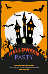 Halloween party invitation.Orange-black background with dark house, the moon,graveyard and bats.Place for your text.