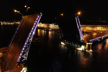 Fototapeta na wymiar Aerial Townscape of Saint Petersburg City at Night. Palace Bridge