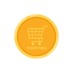 Shopping logo on Gold coin vector. Shopping logo design. Cart symbol.