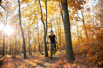 Obraz premium caucasian man in a helmet and sport gloves rides on the bike in the beautiful orange autumn forest at sunrise time.