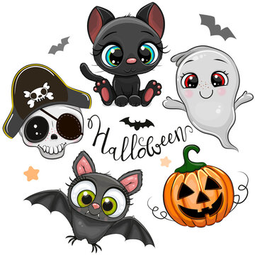 Halloween illustrations and design elements with batl, black cat and goat