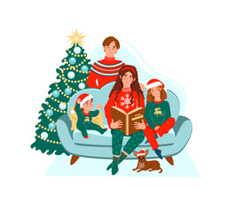 Obraz na płótnie Canvas Happy family at Christmas sitting on the sofa. Parents with kids on the Christmas tree background. Happy people at home. Cute vector flat illustration.
