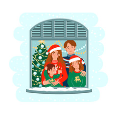 Family at Christmas staying by the window together at home. Parents with kids. Cute vector illustration drawing in flat style.