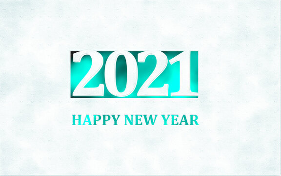 HAPPY NEW YEAR 2021 card. Cut out white paper celebration numbers and text. Star textured digital illustration on bright neon Aqua blue green background. Fashion Color of the Year and trends concepts