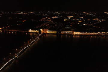 Aerial Townscape of Saint Petersburg City at Night. Troitskiy Bridge