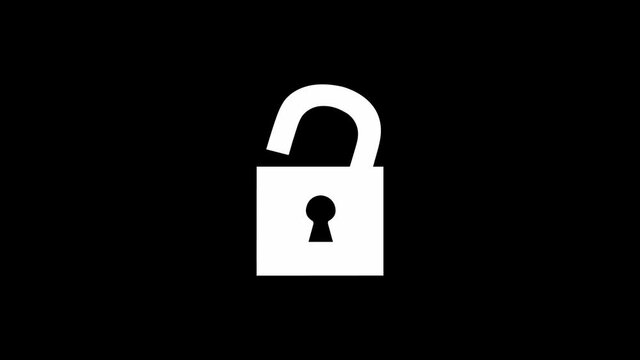Unlock icon - White Padlock sign - animated cartoon unlock animation. Alpha channel, 4K