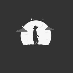 Boy with hat looked back. Silhouette