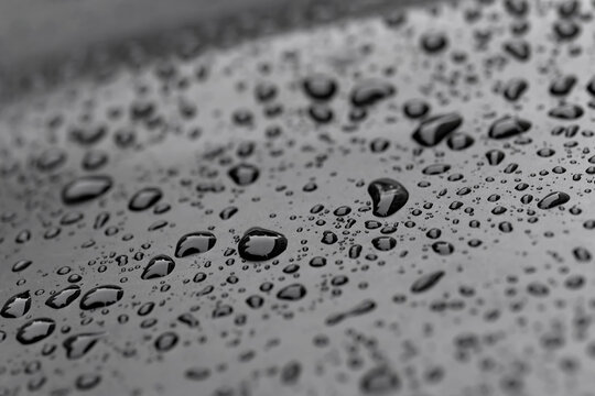 Wassertropfen Lack schwarz Oberfl&auml;che abperlen Tr&ouml;pfchen H2O Glanz Politur Oberfl&auml;chenspannung Regen Schauer nass Auto Fahrzeug Makro Reflektion Reflex Spiegelung Brechung N&auml;sse Schutz gl&auml;nzend Pflege