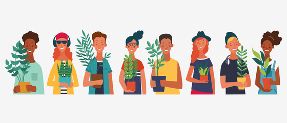 Young people holding different plants.  Eco friendly ecology concept. Nature conservation vector illustration