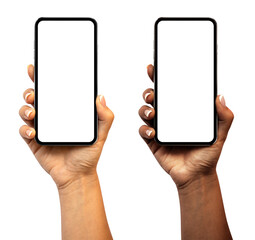 Woman black and white skinned hand holding the smartphone with blank screen and modern frameless...