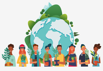 Young people holding different plants. Eco friendly ecology concept. Nature conservation vector illustration