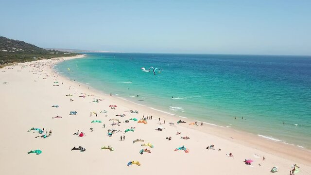 Aerial view of golden Mile beach in Tarifa , CADIZ , Natural Park of the Gibraltar Strait. Famous destination in south of Spain for nautical sports , windsurf, kite-surf.