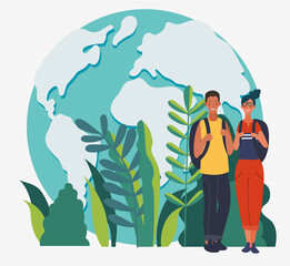 Young, smiling people with backpacks. Holiday vacation travel and adventure concept, vector illustration.  Summer landscape background. Poster design style