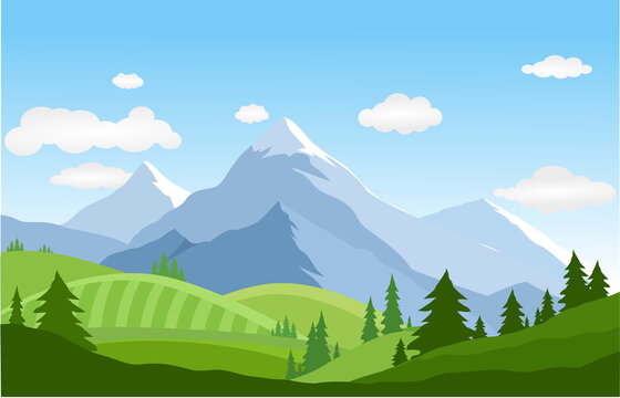 Mountain  landscape vector illustration. Cartoon flat  of spring summer beautiful nature, green grasslands meadow with  forest and mountains on horizon background .