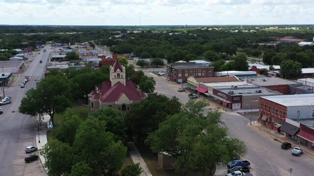 Orbiting view of Courthouse and a Small Town, Brady, Texas, USA