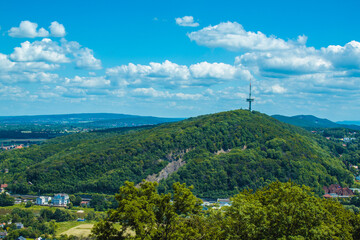 Scenic German landscape at Weserbergland. View to Jakobsberg from Emperor William Monument (Wittekindsberg) near the city of Porta Westfalica, North Rhine Westphalia, Germany