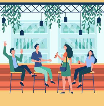 Cheerful men and women sitting in pub flat vector illustration. Cartoon people drinking beer, talking and relaxing in bar. Alcohol drinks and friendship concept