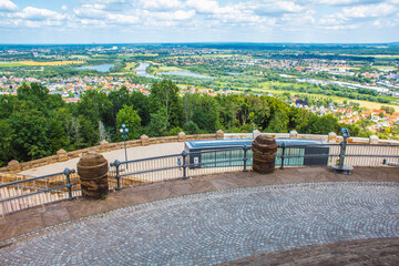 Scenic German landscape at Weserbergland. View from Emperor William Monument (Wittekindsberg) near the city of Porta Westfalica, North Rhine Westphalia, Germany