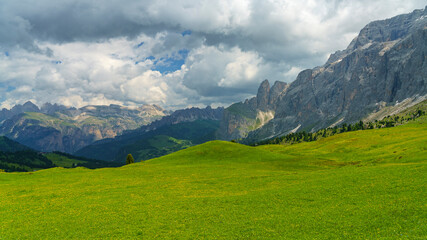 Mountain landscape along the road to Sella pass, Dolomites