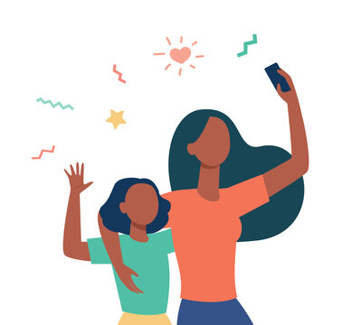 Mom and little daughter taking selfie together. Using smartphone for video call, waving hello flat vector illustration. Motherhood, communication concept for banner, website design or landing web page