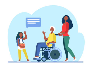 Senior man in wheelchair meeting with granddaughter. Girl visiting grandpa flat vector illustration. Family, generation concept for banner, website design or landing web page