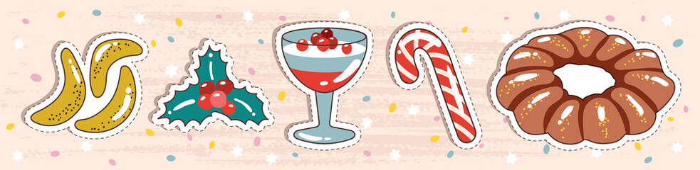 Vector set of hand-drawn stickers for winter sweets. Cartoon patches in the concept of dessert, drinks, and baking. Hand-drawn Lollipop, jelly, cookies, bagels, cupcake, Holly, cranberry berries