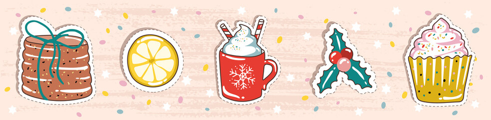 Vector set of hand-drawn stickers for winter sweets. Cartoon patches in the concept of dessert, drinks, baking. Hand-drawn cookies, cupcakes, sweet drinks, orange or lemon slices, and Holly