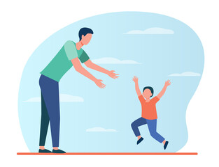 Fototapeta na wymiar Little boy running to his dad. Father and son enjoying meeting flat vector illustration. Fatherhood, parenthood, childcare concept for banner, website design or landing web page
