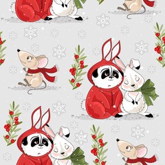 Christmas and New year festive seamless pattern for wrapping paper or fabric with different elemets. Cute Panda and Bunny Fashionable vintage style.